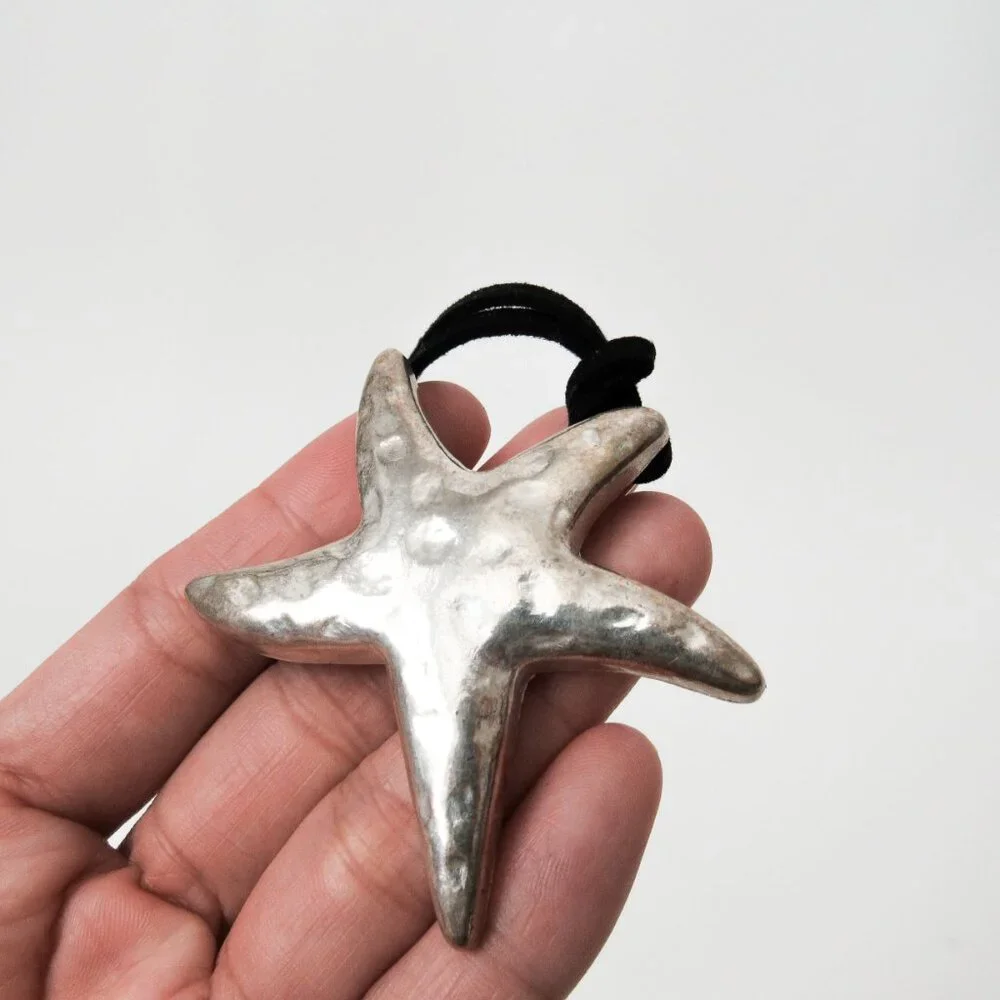 VINTAGE SILVER STAR METAL PENDANT NECKLACE Black Leather Lace Summer Jewelry - Picture 7 of 7
